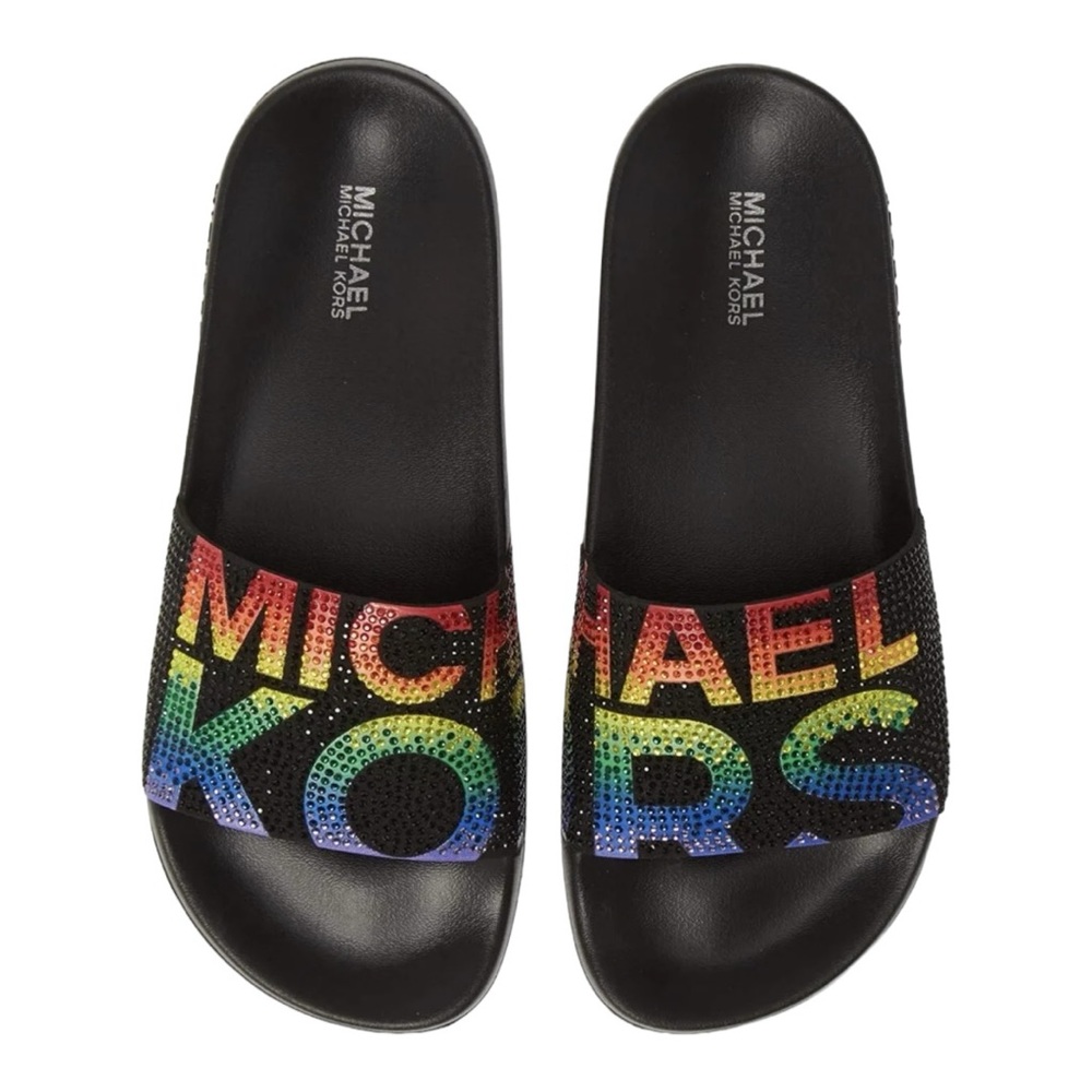 Michael Kors Gilmore Slip On Sandals Rhinestone Black Multi Color Size 8 NWT